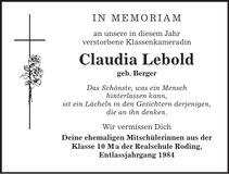 Traueranzeige Claudia Lebold