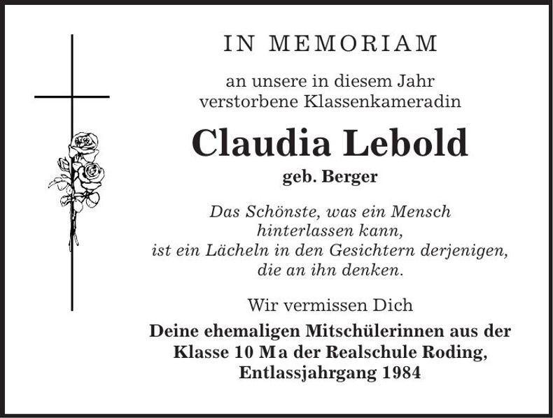 Traueranzeige Claudia Lebold