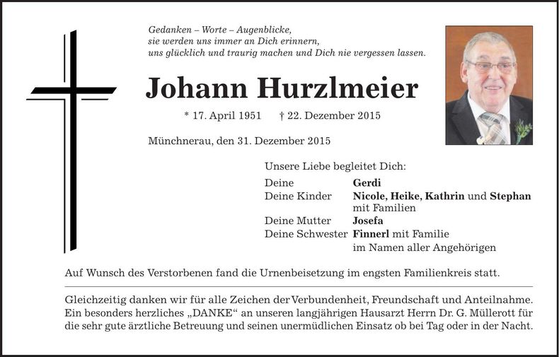Traueranzeige Johann Hurzlmeier