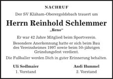 Traueranzeige Reinhold Schlemmer