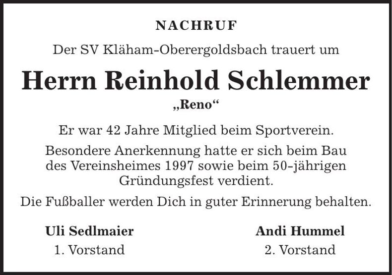 Traueranzeige Reinhold Schlemmer
