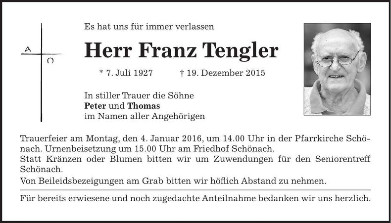 Traueranzeige Franz Tengler