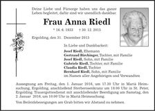 Traueranzeige Anna Riedl