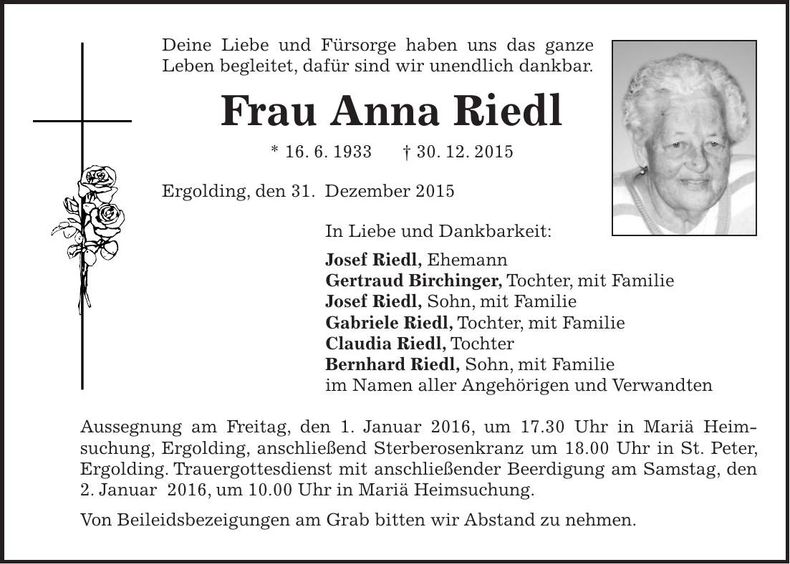 Traueranzeige Anna Riedl