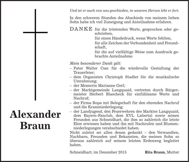 Traueranzeige Alexander Braun