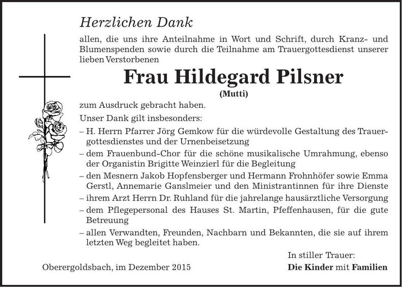 Traueranzeige Hildegard Pilsner