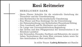 Traueranzeige Rosi Reitmeier