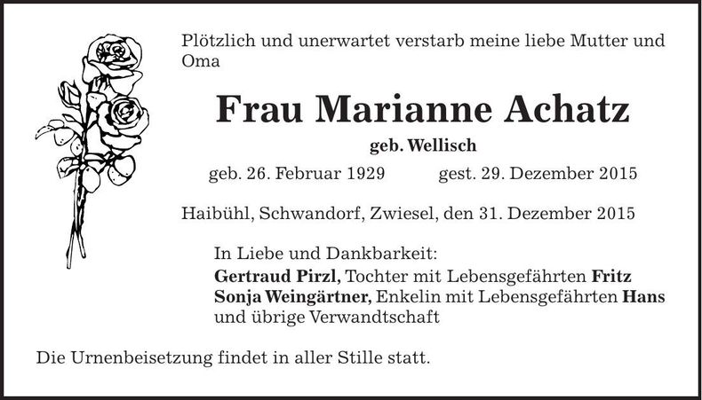 Traueranzeige Marianne Achatz