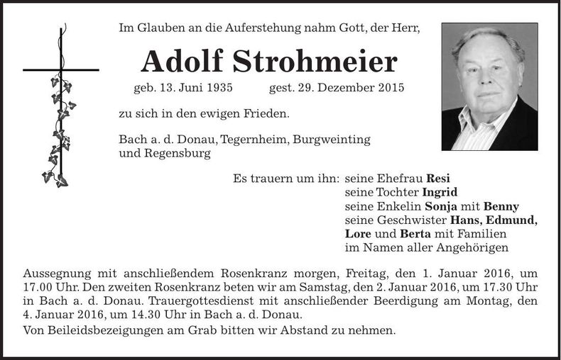 Traueranzeige Adolf Strohmeier