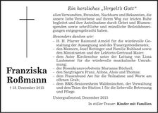 Traueranzeige Franziska Roßmann