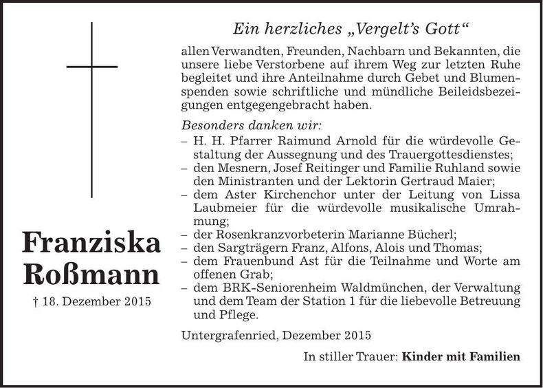 Traueranzeige Franziska Roßmann