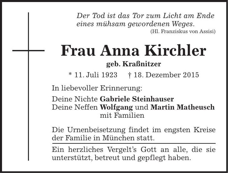 Traueranzeige Anna Kirchler