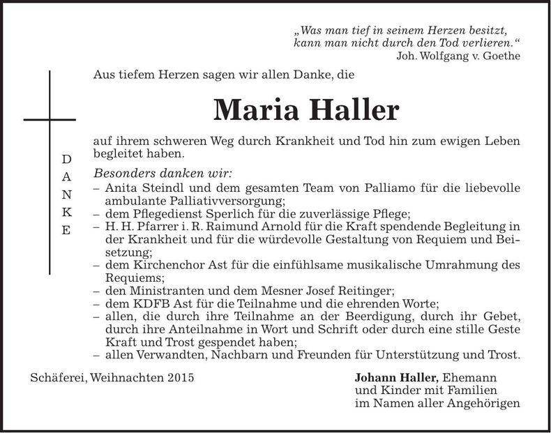Traueranzeige Maria Haller