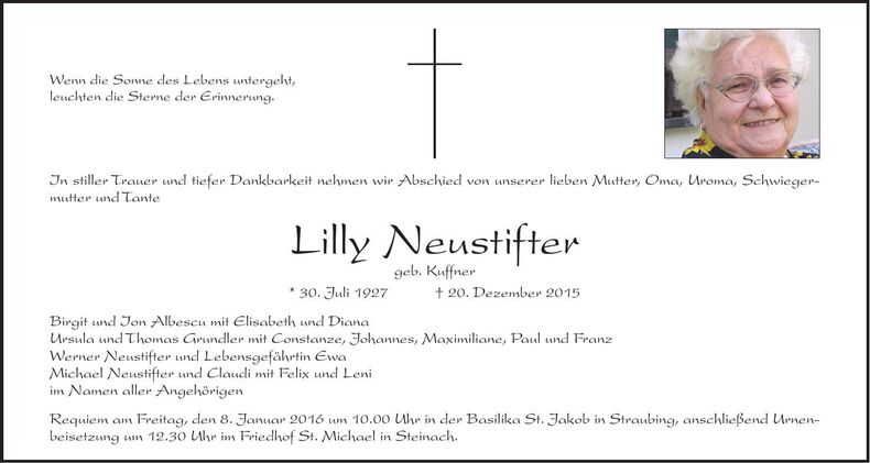 Traueranzeige Lilly Neustifter