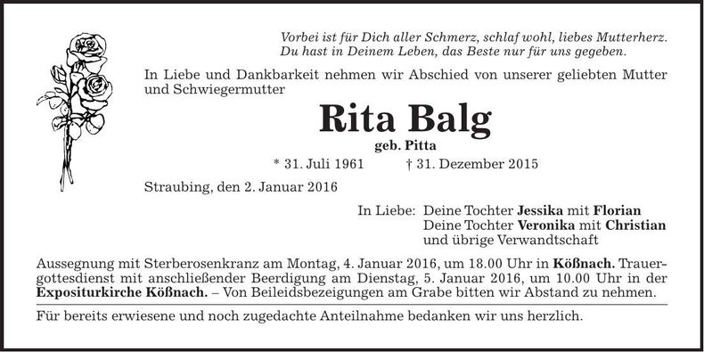 Traueranzeige Rita Balg
