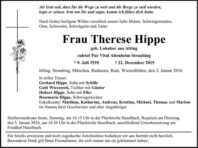 Traueranzeige Therese Hippe