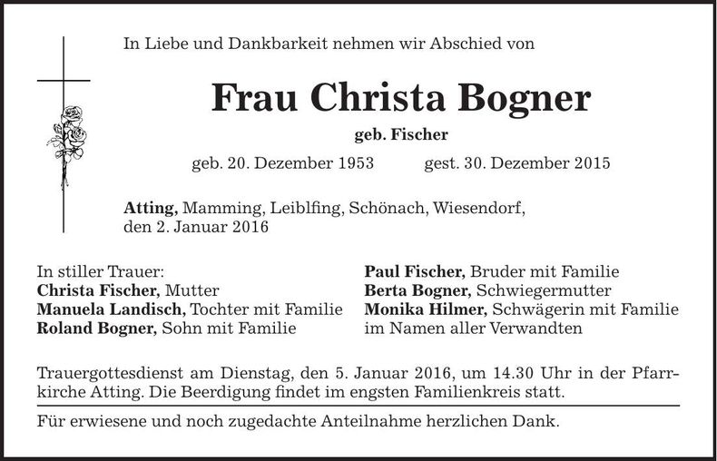 Traueranzeige Christa Bogner