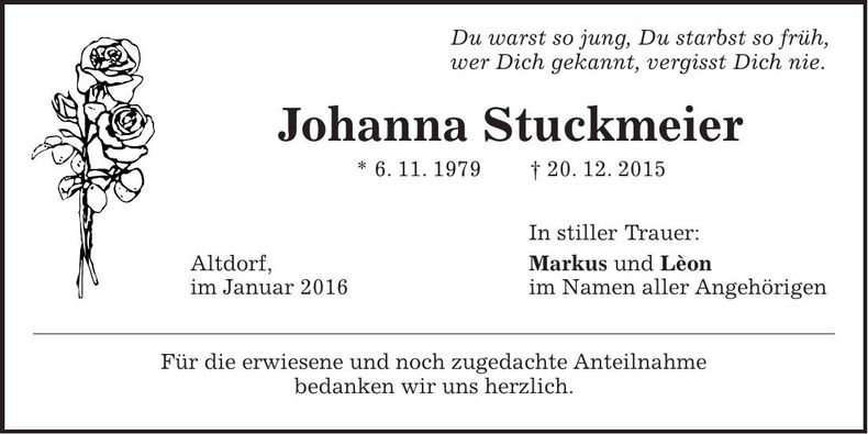 Traueranzeige Johanna Stuckmeier