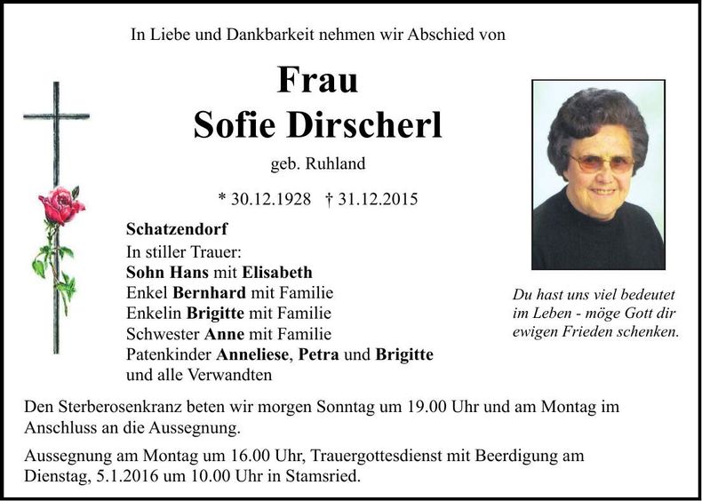 Traueranzeige Sofie Dirscherl
