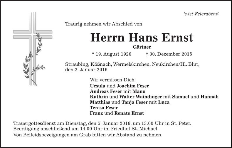 Traueranzeige Hans Ernst