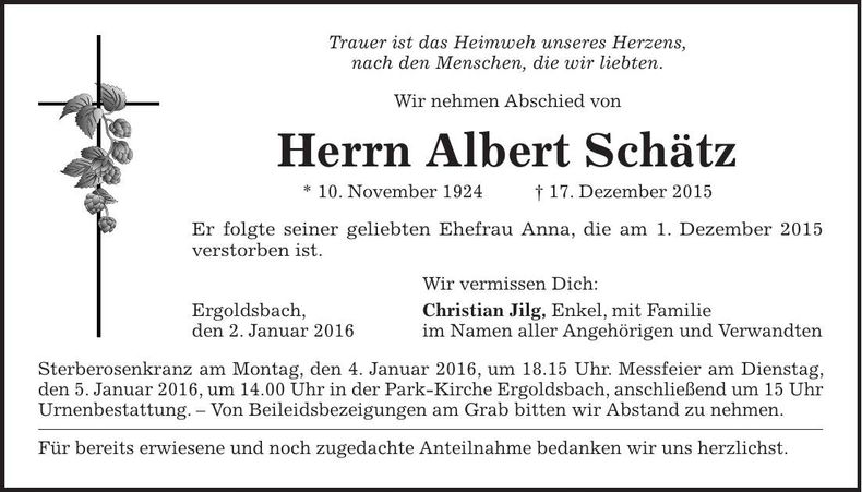 Traueranzeige Albert Schätz
