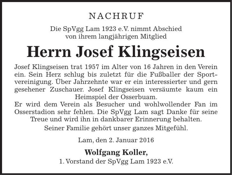 Traueranzeige Josef Klingseisen