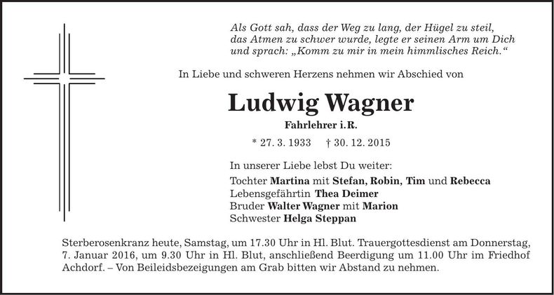 Traueranzeige Ludwig Wagner