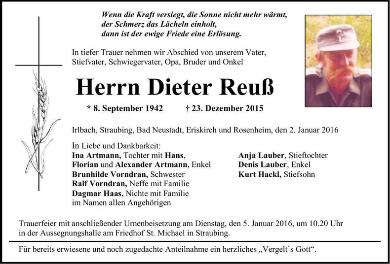 Traueranzeige Dieter Reuß