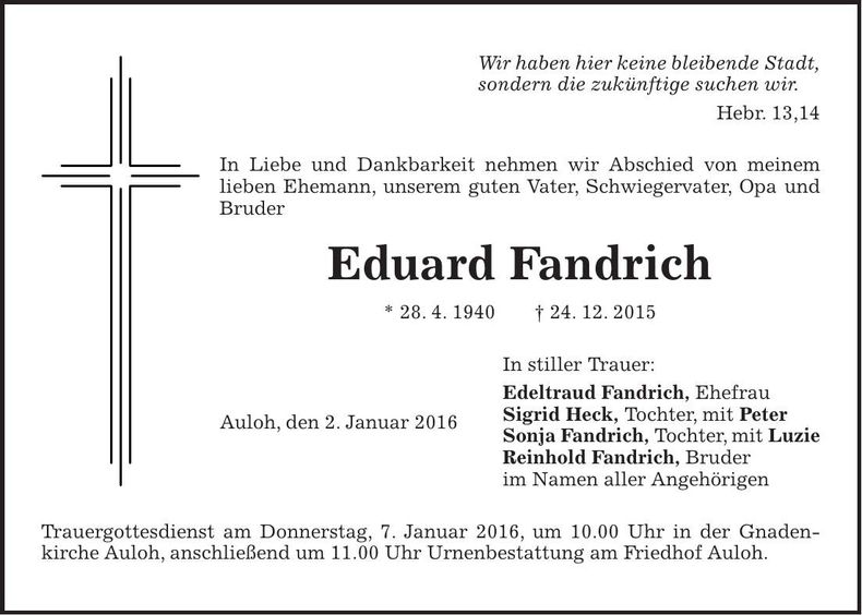 Traueranzeige Eduard Fandrich