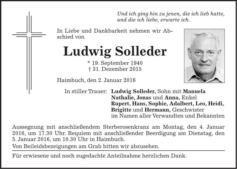 Traueranzeige Ludwig Solleder