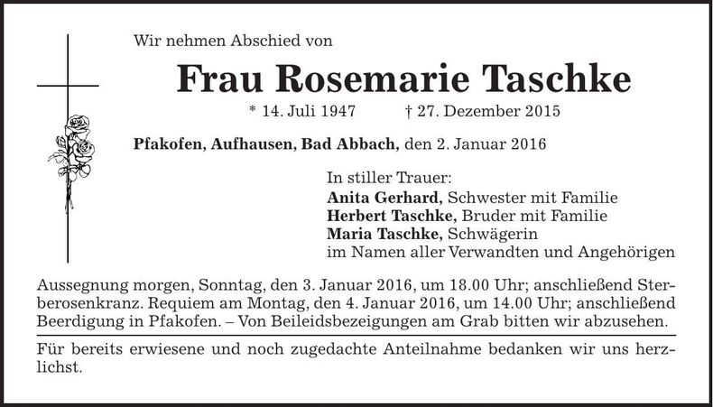 Traueranzeige Rosemarie Taschke