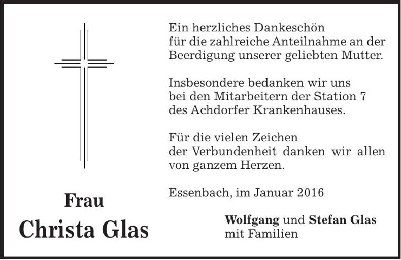 Traueranzeige Christa Glas