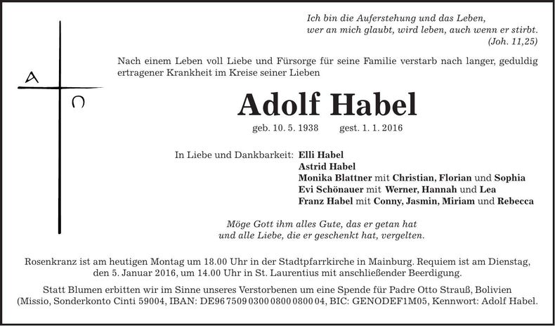 Traueranzeige Adolf Habel