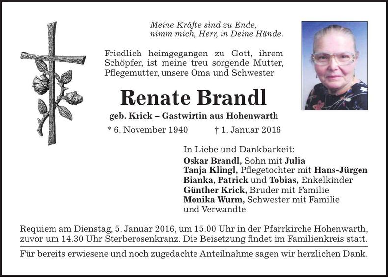 Traueranzeige Renate Brandl
