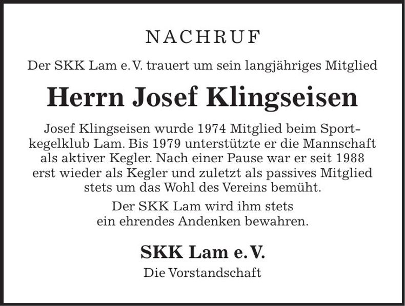 Traueranzeige Josef Klingseisen