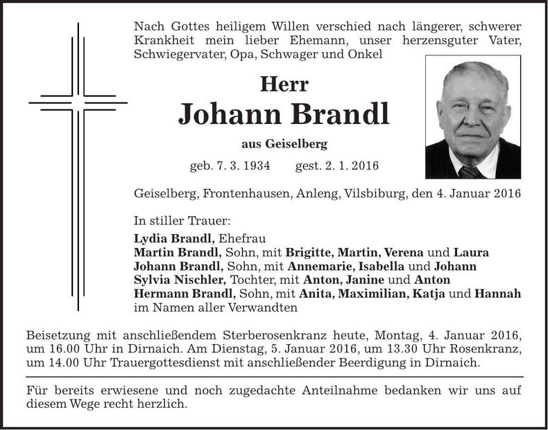 Traueranzeige Johann Brandl