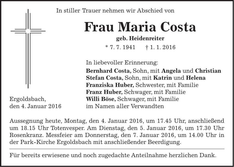 Traueranzeige Maria Costa
