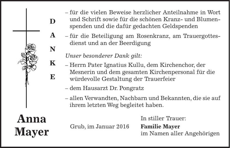 Traueranzeige Anna Mayer