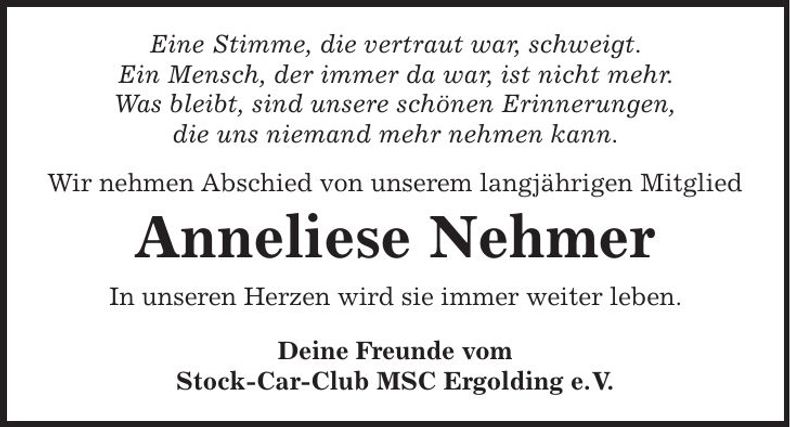Traueranzeige Anneliese Nehmer