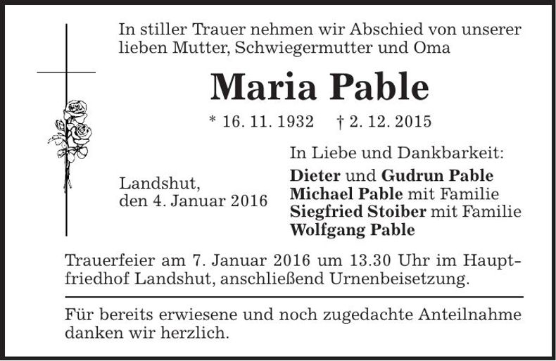 Traueranzeige Maria Pable