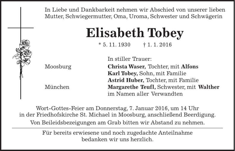 Traueranzeige Elisabeth Tobey