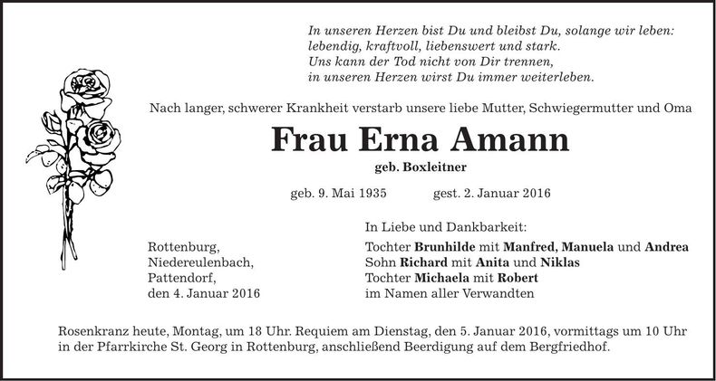 Traueranzeige Erna Amann