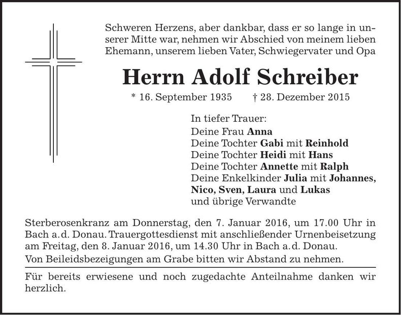 Traueranzeige Adolf Schreiber