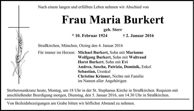 Traueranzeige Maria Burkert