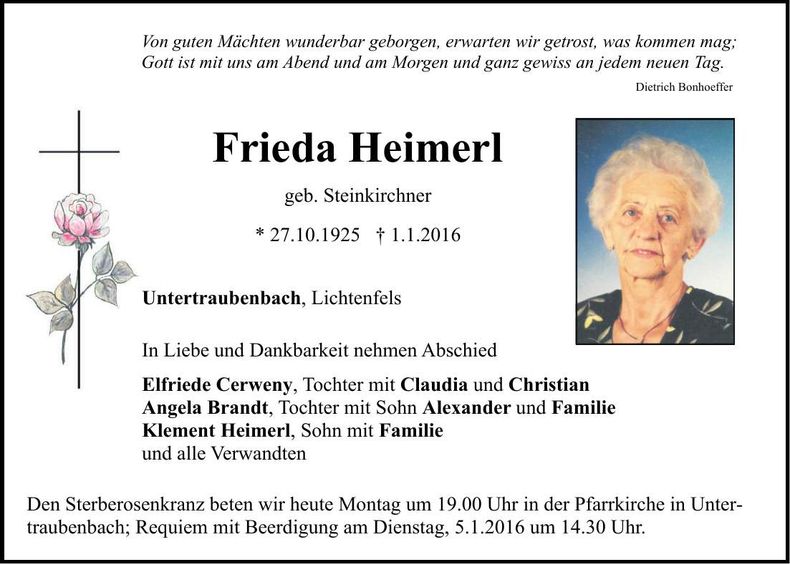 Traueranzeige Frieda Heimerl