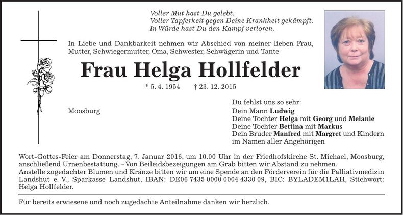 Traueranzeige Helga Hollfelder