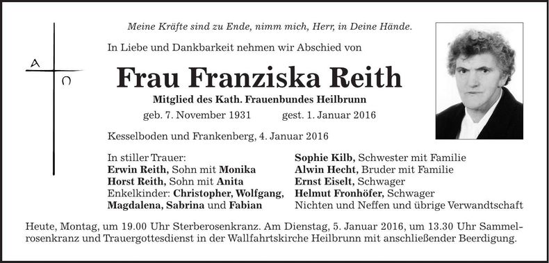 Traueranzeige Franziska Reith