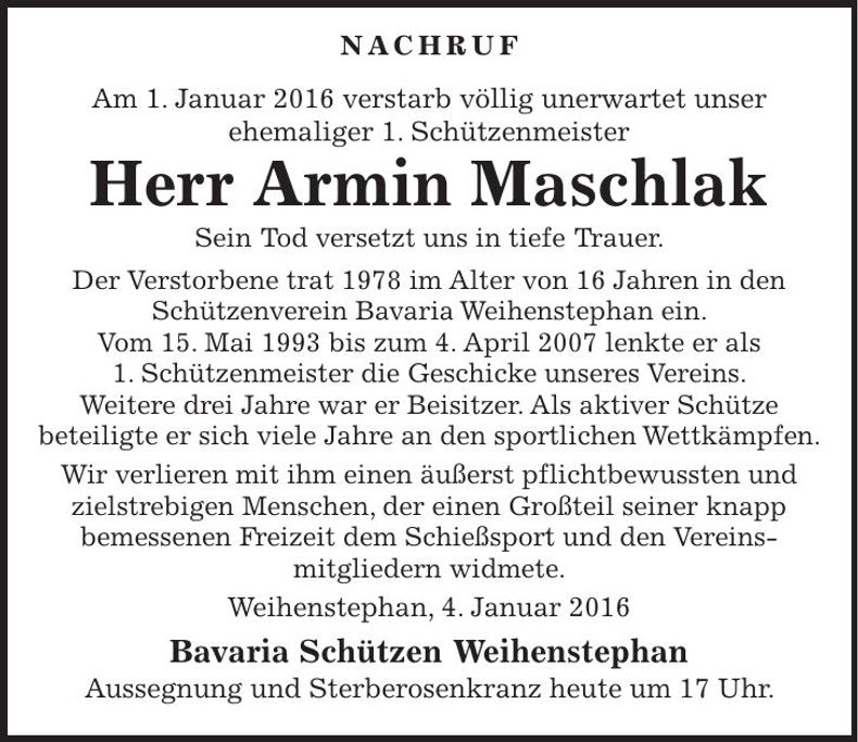 Traueranzeige Armin Maschlak