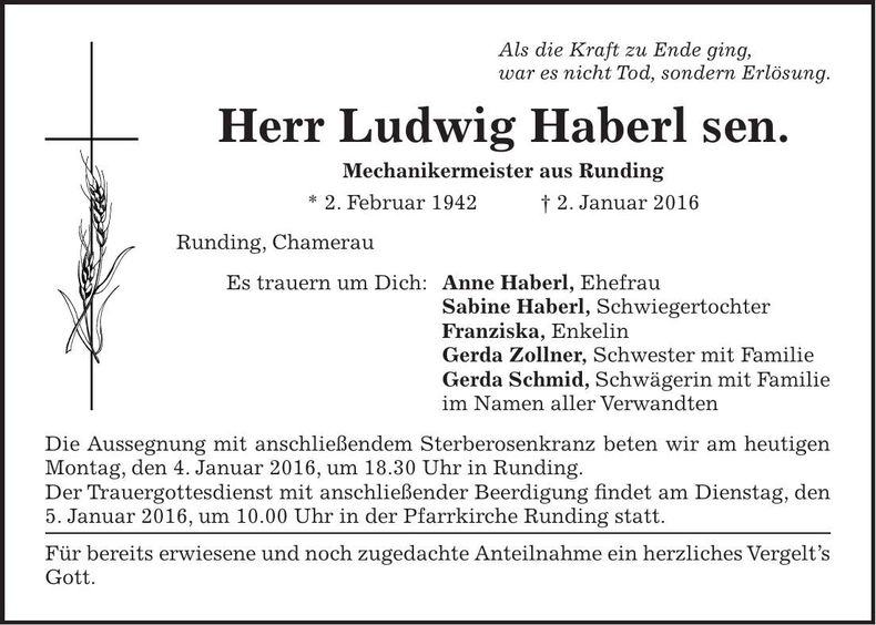 Traueranzeige Ludwig Haberl