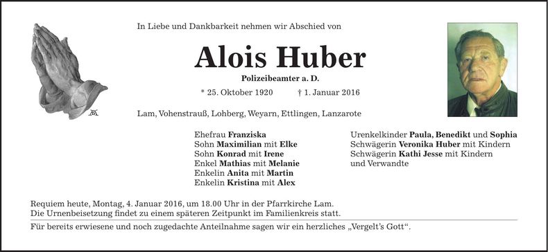 Traueranzeige Alois Huber